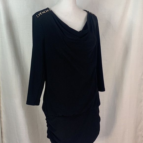 WHBM Black Long Sleeved Mini Dress w/ Gold Shoulder Detail - Picture 8 of 17
